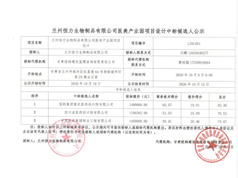 兰州恒力生物制品有限公司医美产业园项目设计中标候选人公示
